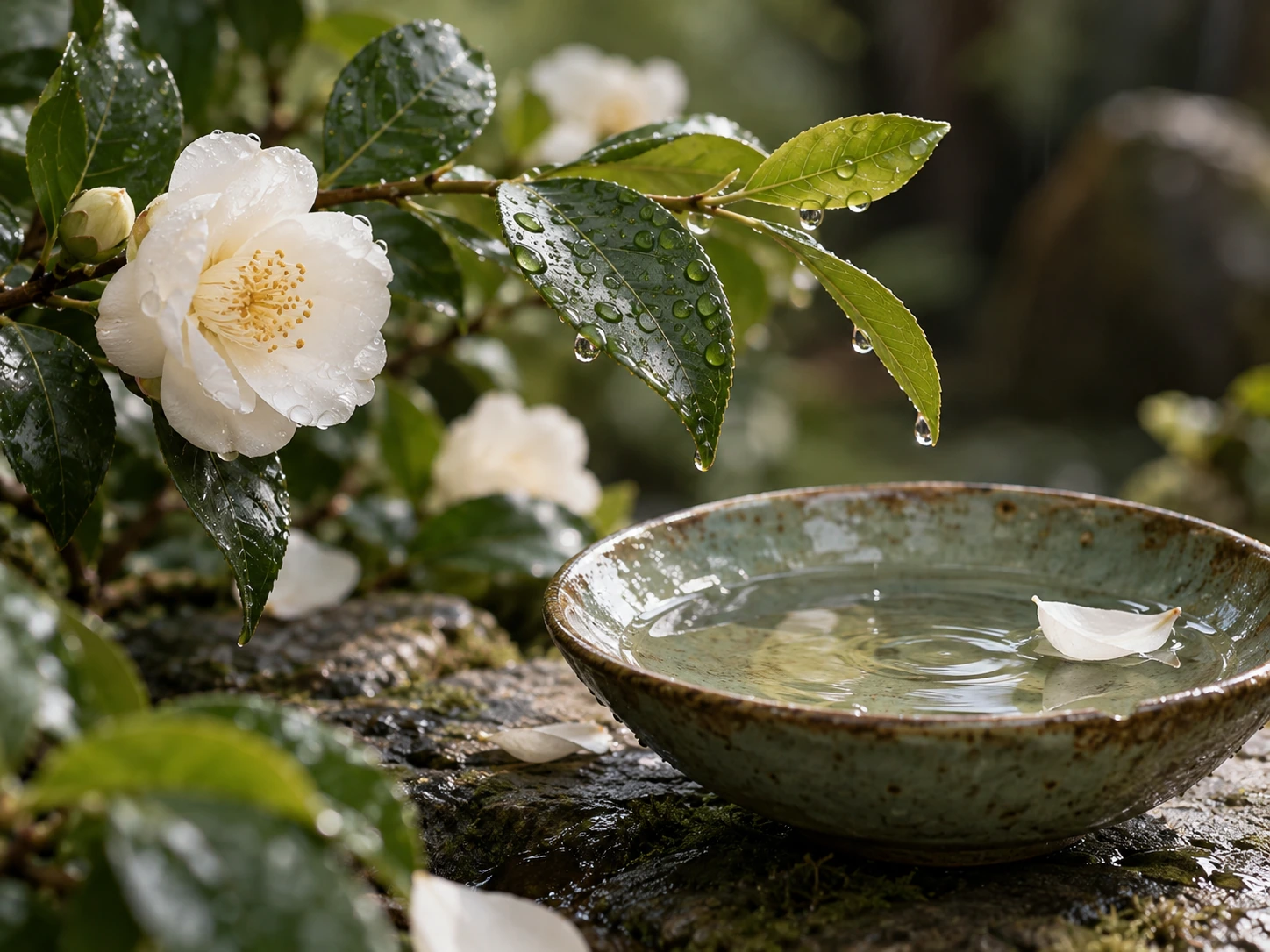 Rain droplets on tea leaves and white camellias beside a celadon dish