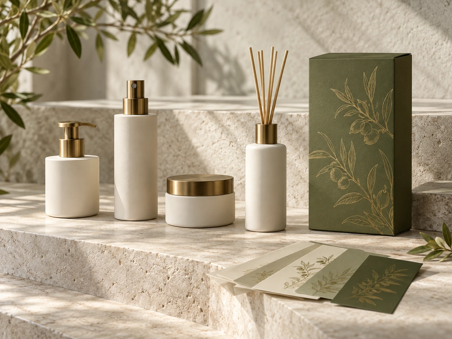 Ivory container samples and olive packaging on stone shelves