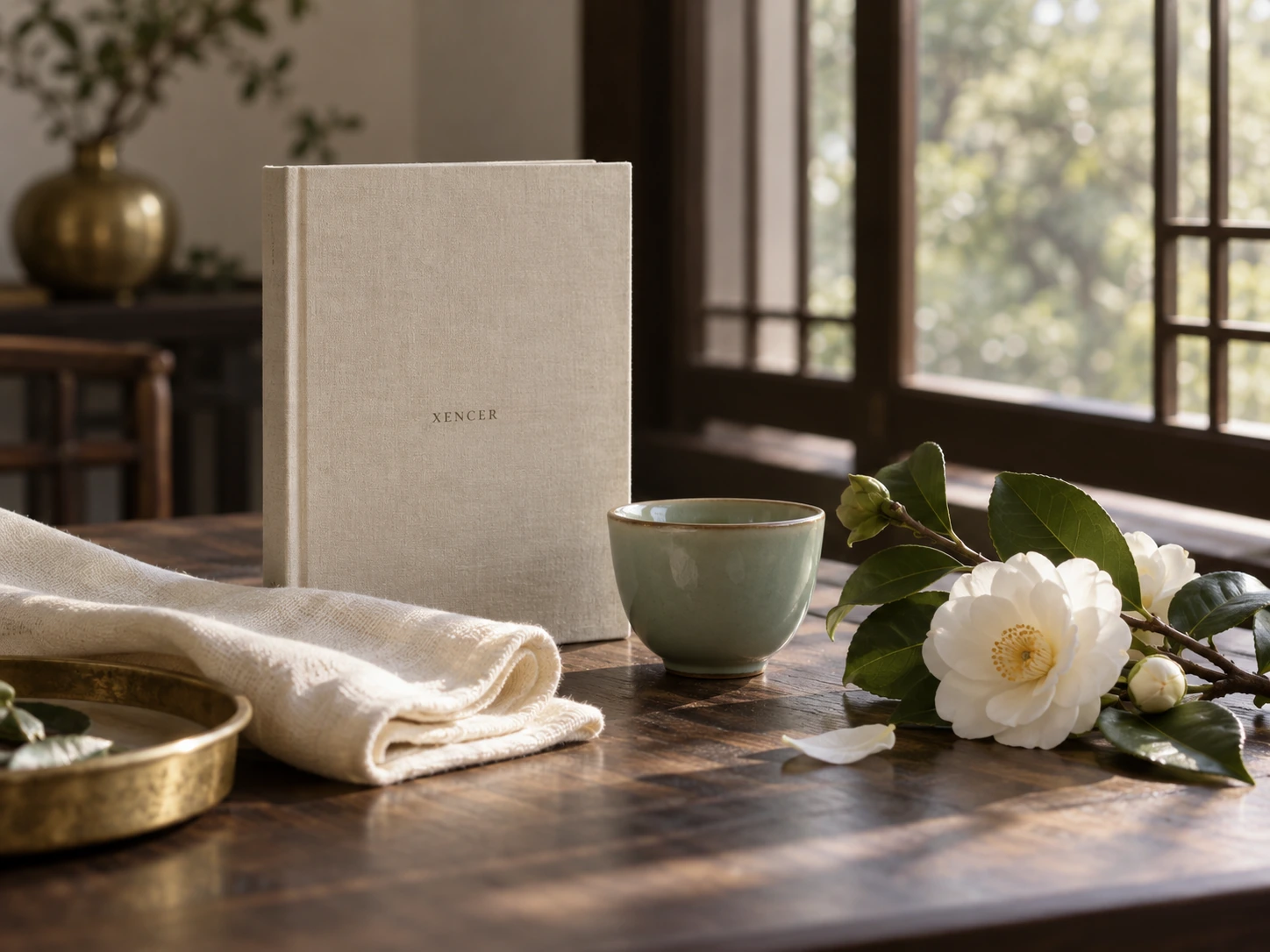 An ivory XENCER journal, ceramic tea cup and camellia on walnut