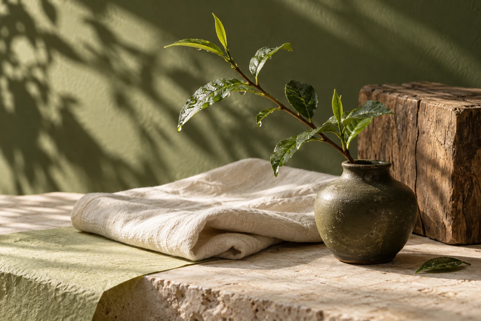 Tea leaves in the rain, soft linen and warm wood — the visual inspiration behind XENCER