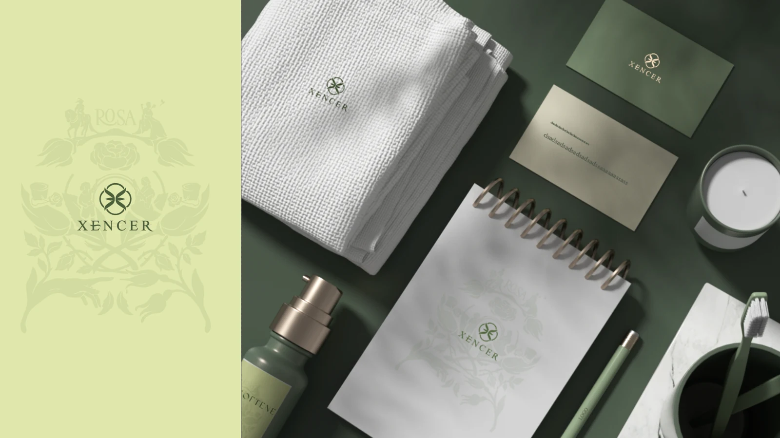 XENCER identity in olive and pale green, with linen, paper and everyday objects