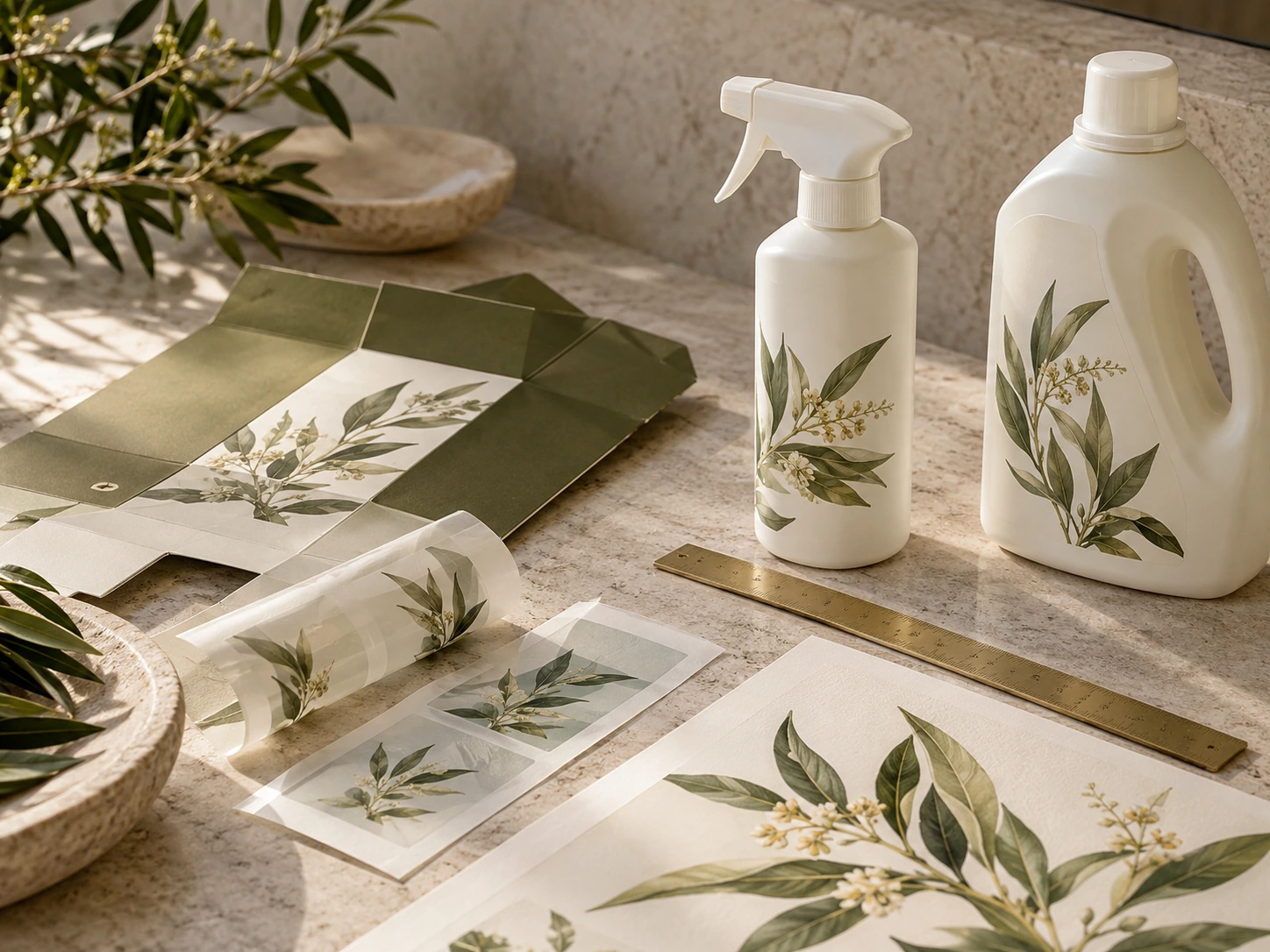 White packaging prototypes, botanical label proofs and a brass ruler on limestone