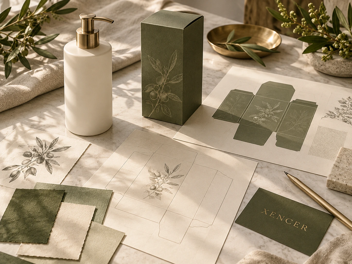 White packaging prototypes with botanical label artwork and colour samples