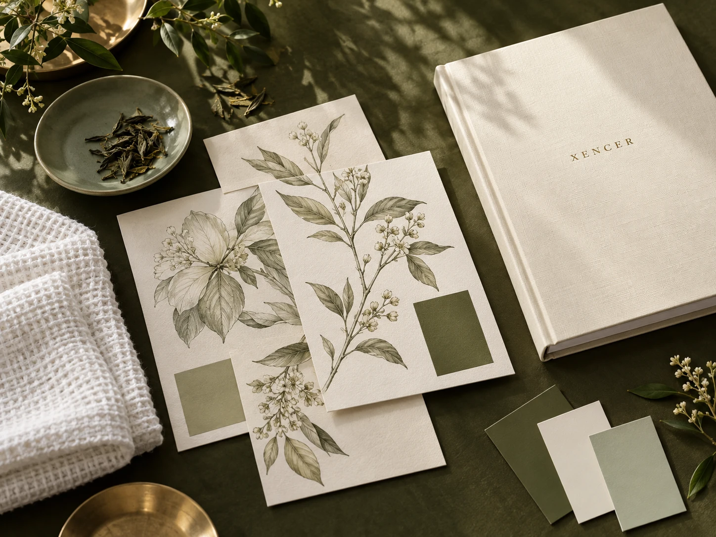 Olive and ivory collection boards, botanical details and folded linen