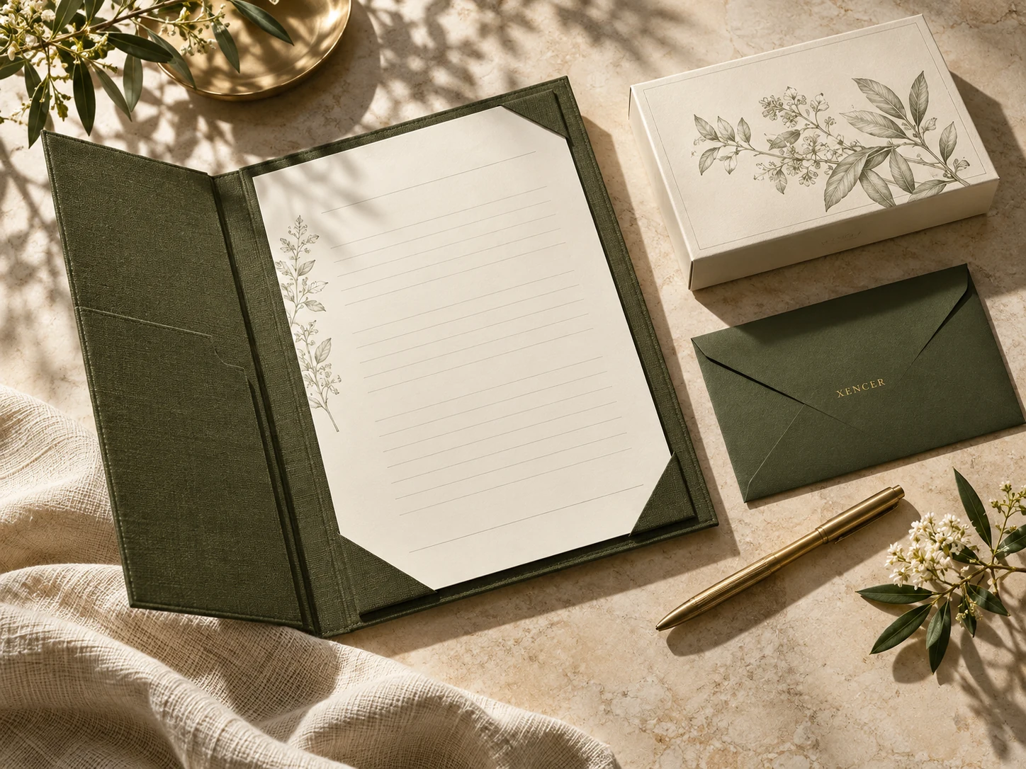 Olive document folio, enquiry stationery and an ivory sample carton